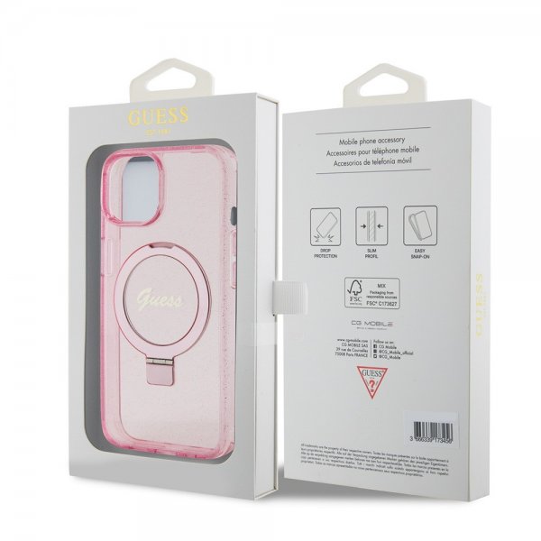 Guess iPhone 15 Cover Ring Stand Glitter MagSafe Rosa