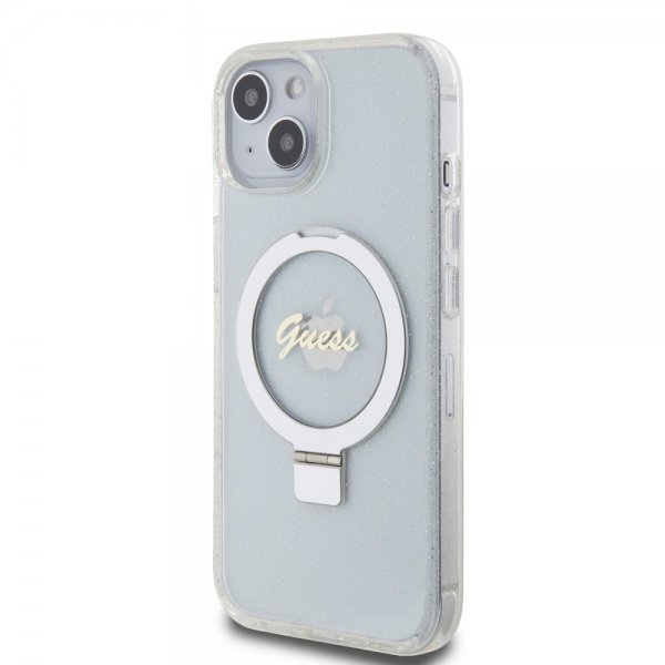 Guess iPhone 15 Cover Ring Stand Glitter MagSafe Transparent