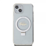 Guess iPhone 15 Cover Ring Stand Glitter MagSafe Transparent