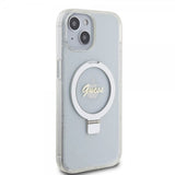 Guess iPhone 15 Cover Ring Stand Glitter MagSafe Transparent