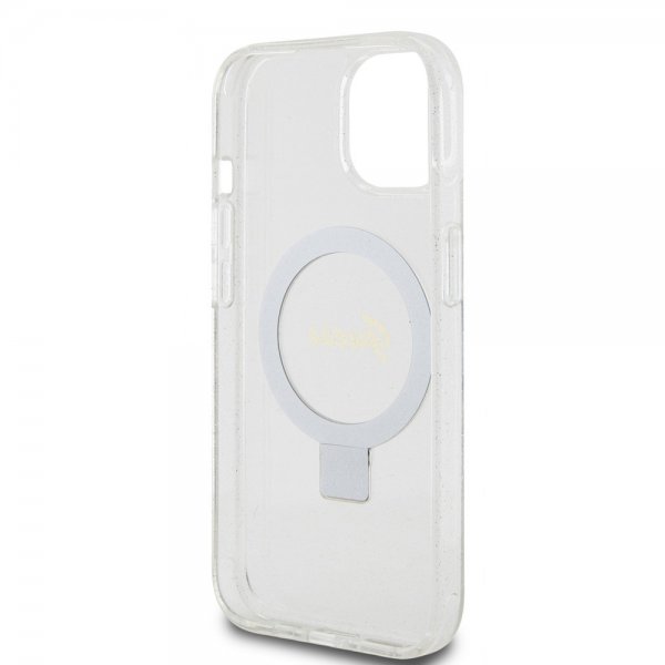 Guess iPhone 15 Cover Ring Stand Glitter MagSafe Transparent