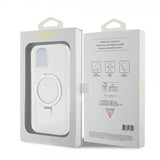 Guess iPhone 15 Cover Ring Stand Glitter MagSafe Transparent