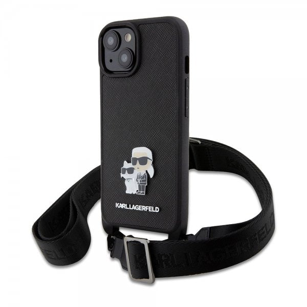 Karl Lagerfeld iPhone 15 Cover Saffiano Karl & Choupette Crossbody Sort