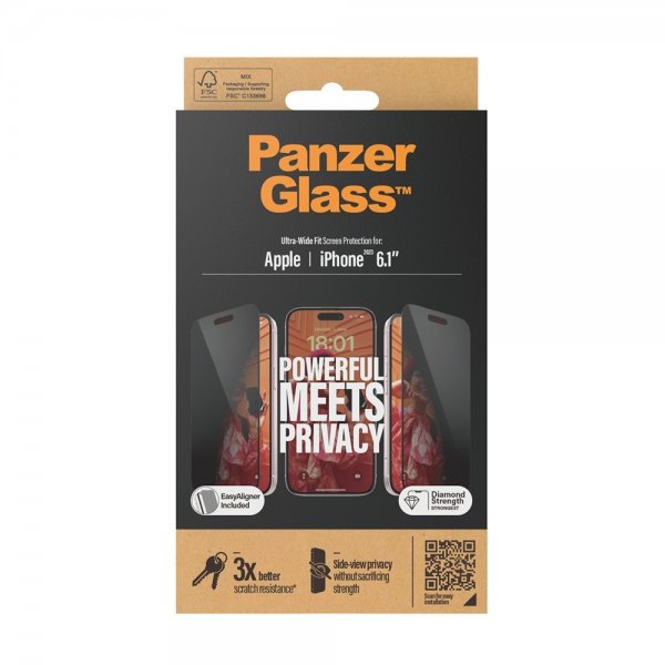 PanzerGlass iPhone 15 Skærmbeskyttelse Ultra-Wide Fit Privacy EasyAligner