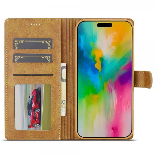 Lc.Imeeke iPhone 16 Cover med Kortlomme og Stativfunktion Lysebrun