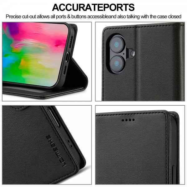 Lc.Imeeke iPhone 16 Cover med Kortlomme og Stativfunktion, Sort