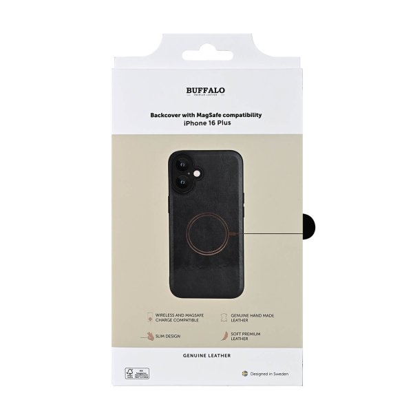 Buffalo iPhone 16 Plus Cover Ægte læder MagSeries Sort