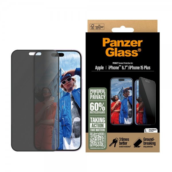 PanzerGlass iPhone 15 Plus/iPhone 16 Plus Skærmbeskyttelse Ultra-Wide Fit Privacy EasyAligner
