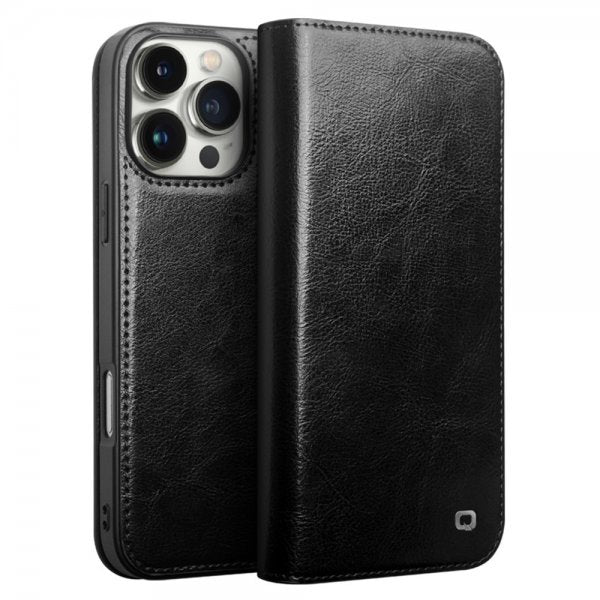 Qialino iPhone 16 Pro Cover Ægte Læder Sort