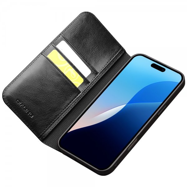 Qialino iPhone 16 Pro Cover Ægte Læder Sort