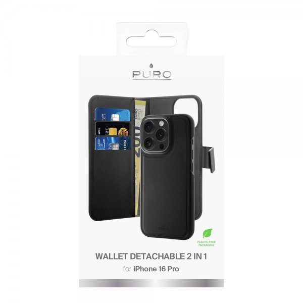 Puro iPhone 16 Pro Cover Wallet Detachable 2-i-1 Sort
