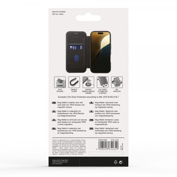 Vivanco iPhone 16 Pro Max Etui Mag Wallet Sort