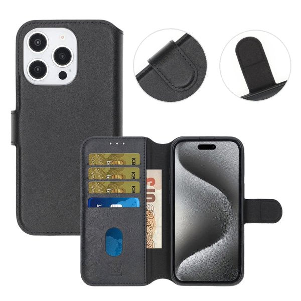 Rvelon iPhone 16 Pro Max Etui Ægte Læder Kortlomme Sort