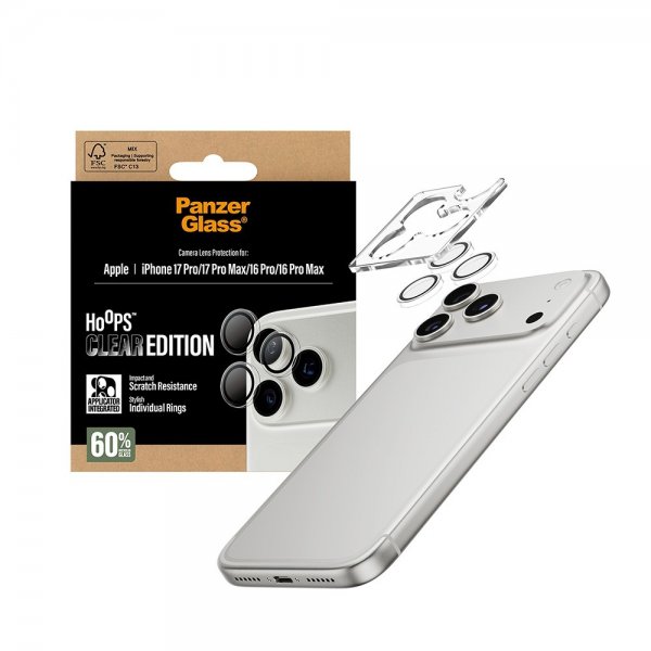 PanzerGlass iPhone 16 Pro/Pro Max/17 Pro/Pro Max Kamerabeskyttelse Hoops Transparent