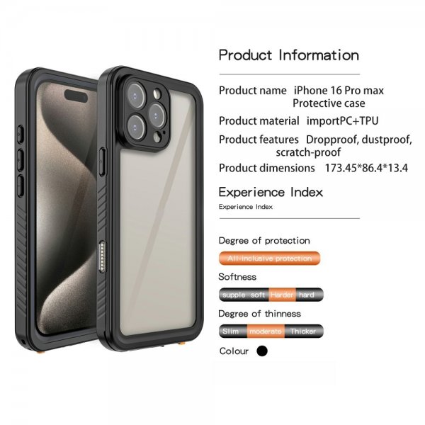 Redpepper iPhone 16 Pro Cover Vandtæt IP68 Sort