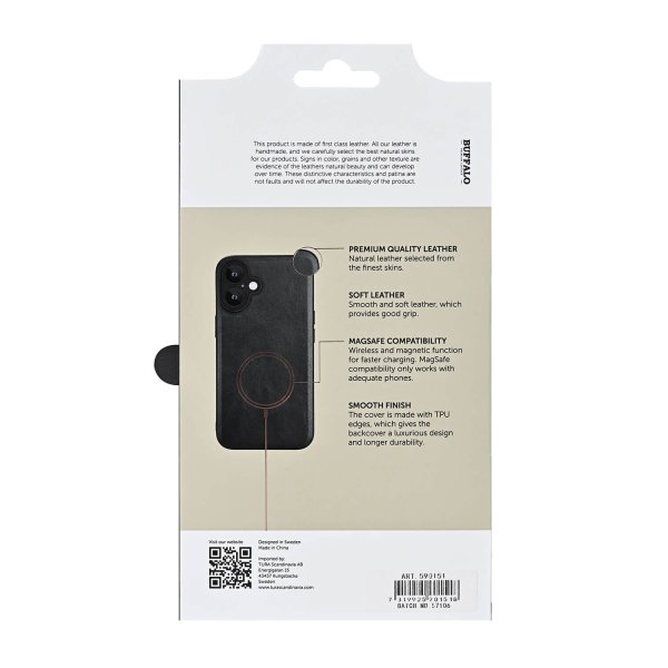 Buffalo iPhone 16 Cover Ægte læder MagSeries Sort