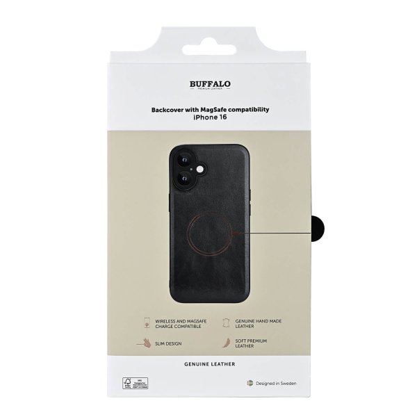 Buffalo iPhone 16 Cover Ægte læder MagSeries Sort