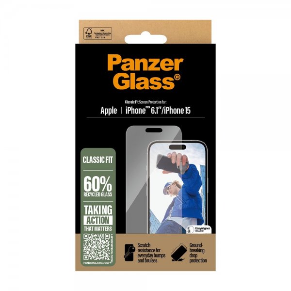 PanzerGlass iPhone 15/iPhone 16 Skærmbeskyttelse Classic Fit EasyAligner