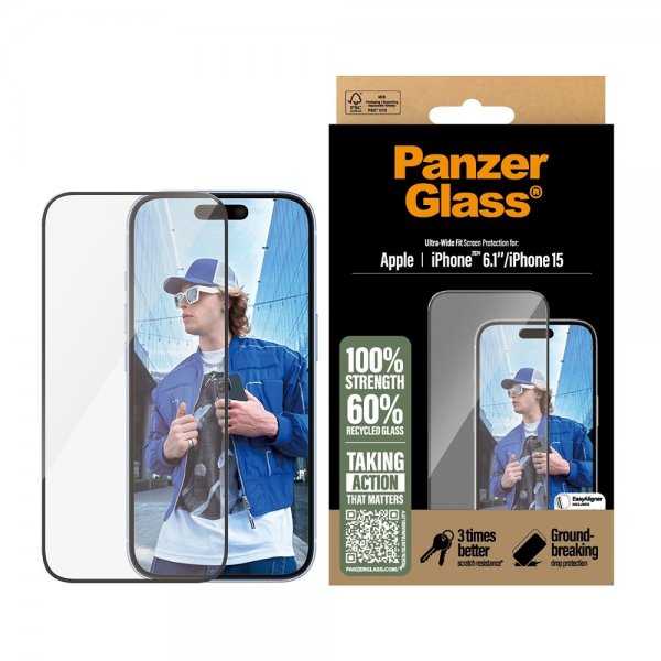 PanzerGlass iPhone 15/iPhone 16 Skærmbeskyttelse Ultra-Wide Fit EasyAligner