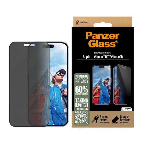 PanzerGlass iPhone 15/iPhone 16 Skærmbeskyttelse Ultra-Wide Fit Privacy EasyAligner