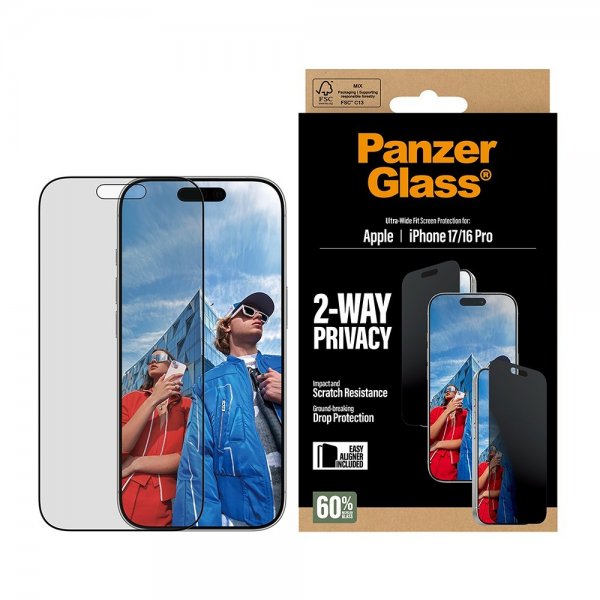 PanzerGlass iPhone 17/iPhone 16 Pro Skærmbeskyttelse Ultra-Wide Fit Privacy EasyAligner