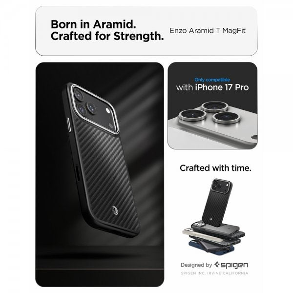Spigen iPhone 17 Pro Cover Enzo Aramid T MagFit Sort Sølv