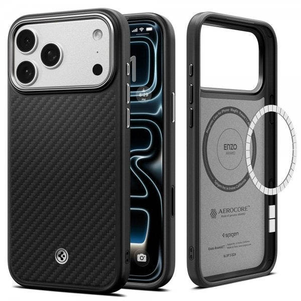 Spigen iPhone 17 Pro Cover Enzo Aramid T MagFit Sort Sølv