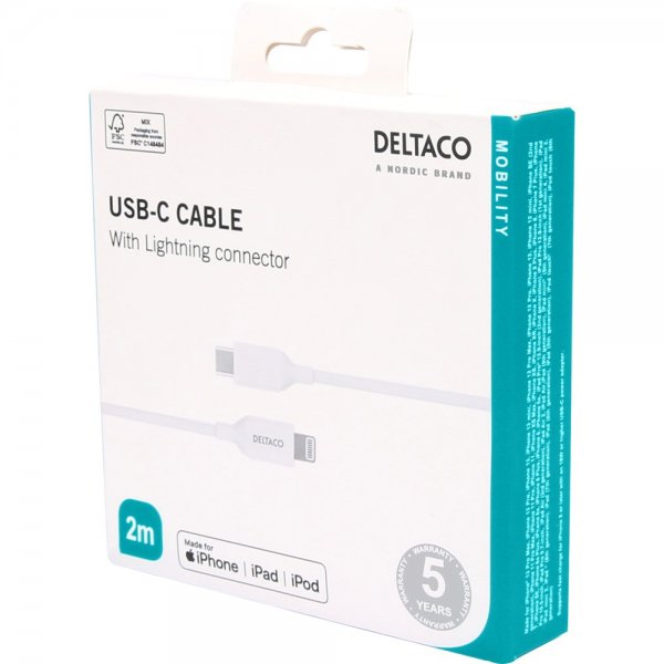 Deltaco kabel USB-C kabel med Lightning-stik 2m hvid