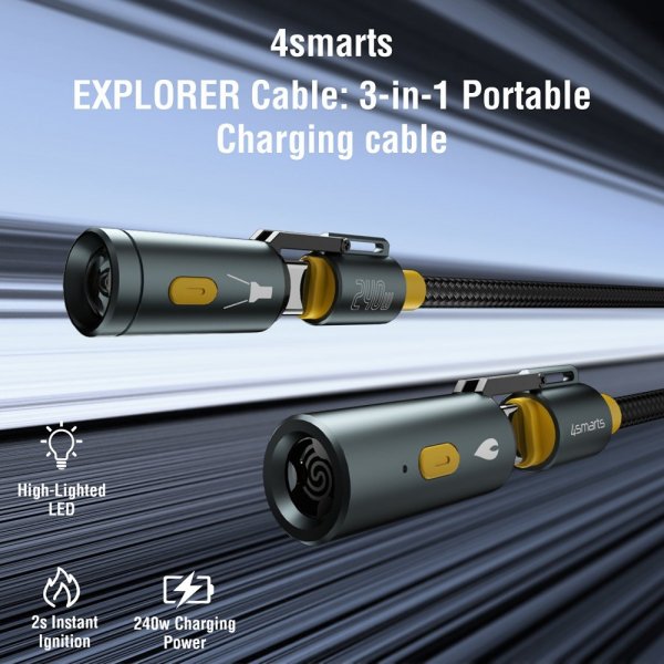 4smarts Kabel 3i1 USB-C Sæt Explorer 240W 1.5m Sort