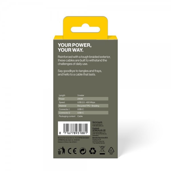 Aqiila Kabel Cablebird CB13 USB-C til USB-C 240W 3m Sort