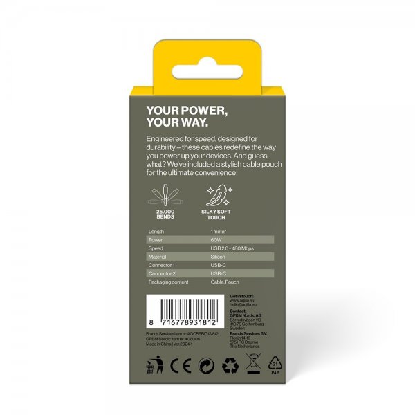 Aqiila Kabel Cablebird CS11 USB-C til USB-C 60W 1m Hvid