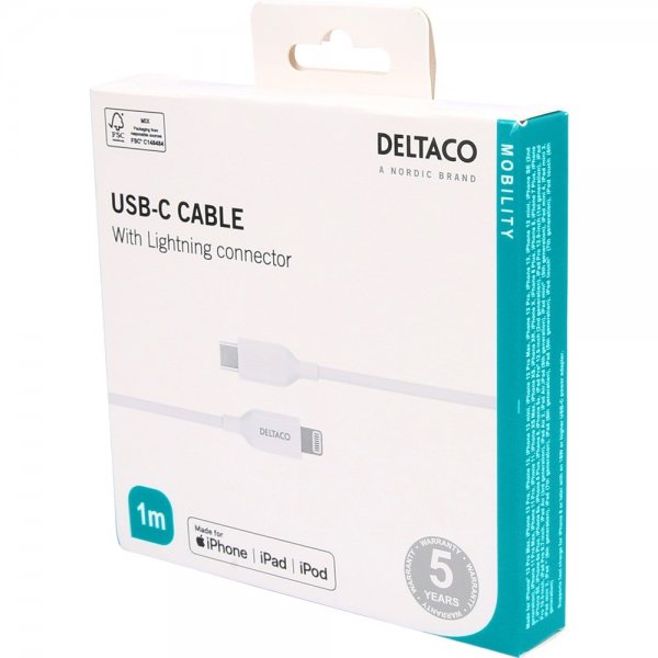 Deltaco Kabel USB-C Kabel med Lightning Stik 1m Hvid