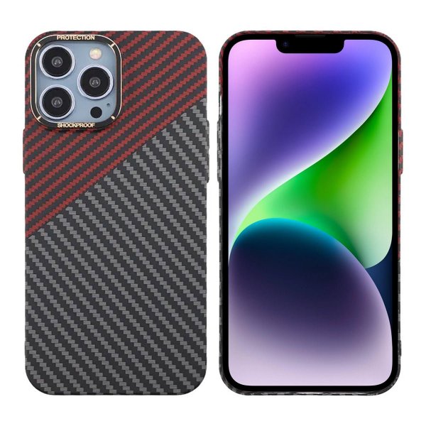 iPhone 13 Pro Max Cover Kulfibermønster Sort Rød