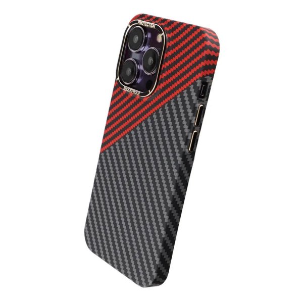 iPhone 14 Pro Cover Kulfibermønster Rød Sort