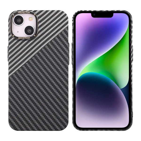 iPhone 14 Cover Kulfiber Mønster Sort Hvid