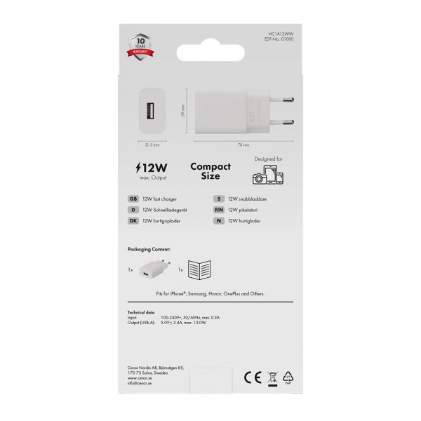 X2O Oplader 12W USB-A Hvid