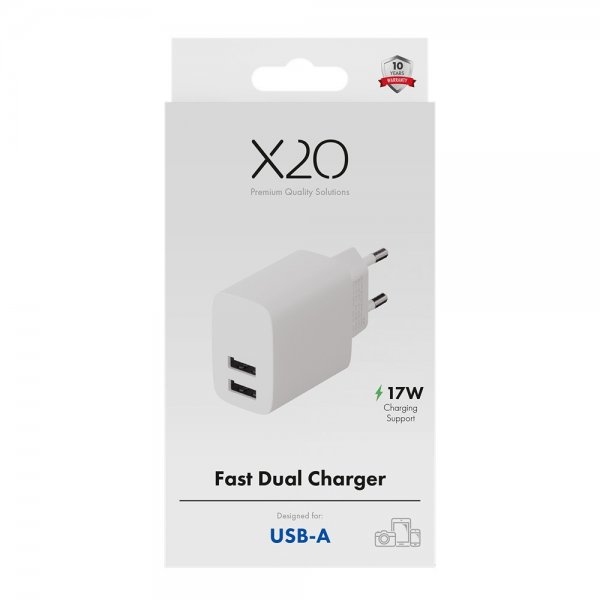 X2O Oplader 17W Dobbelt USB-A/USB-A Hvid