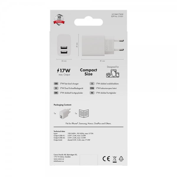 X2O Oplader 17W Dobbelt USB-A/USB-A Hvid