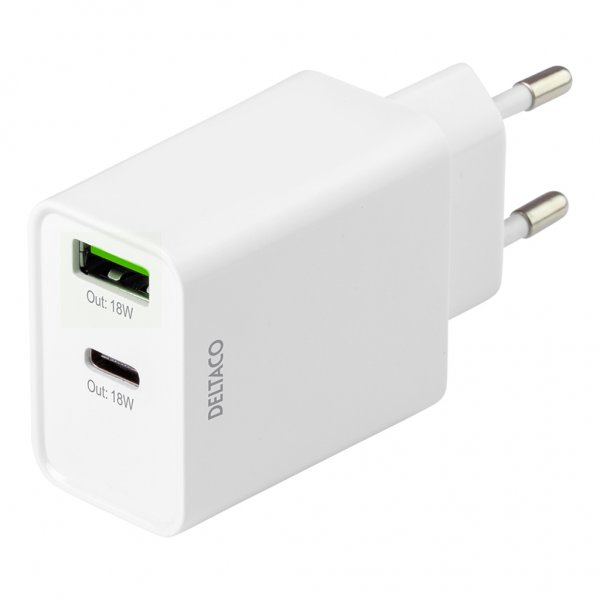 Deltaco Oplader 18W USB-C PD & USB-A Hvid