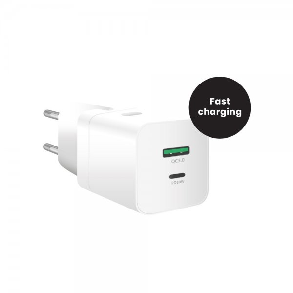 MobileFriend Oplader 2 port USB-A & USB-C 30W Hvid