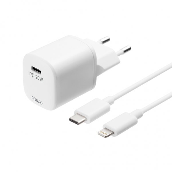 Deltaco Oplader 20W USB-C PD med USB-C-Lightningkabel 1 meter Hvid