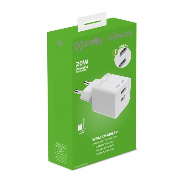 Celly Oplader 2xUSB-C 20W Hvid
