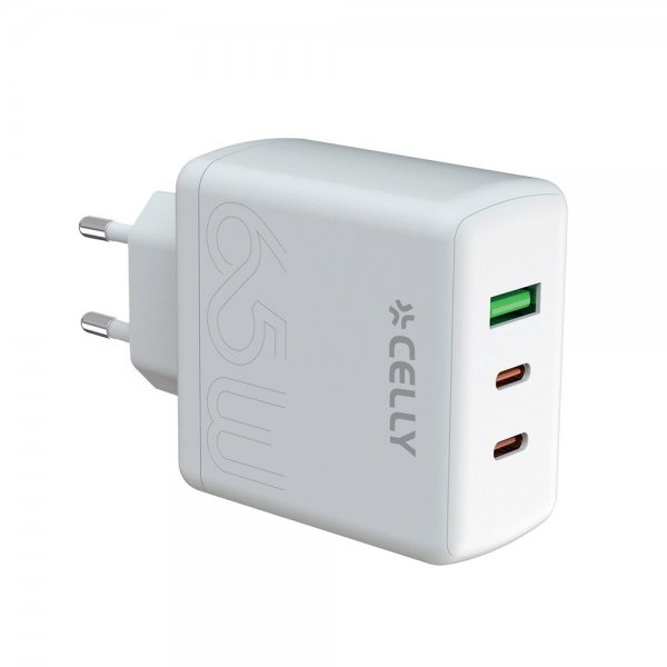Celly Oplader 2xUSB-C/USB-A GaN 65W Hvid