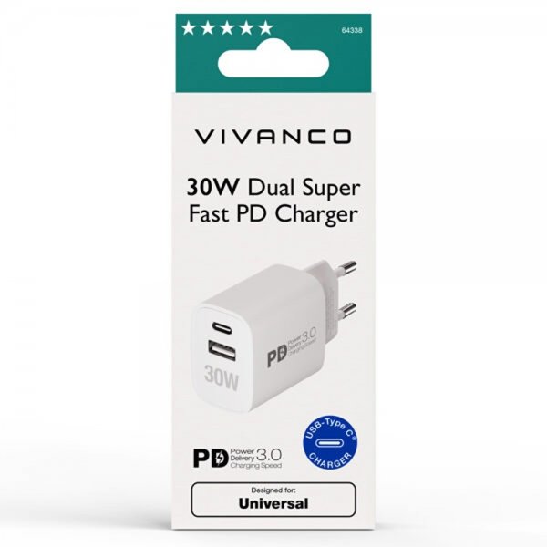 Vivanco Lader 30W Dual Superhurtig PD-Oplader