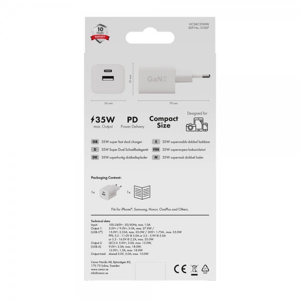 X2O Oplader 35W Dobbelt USB-C/USB-A GaN Hvid