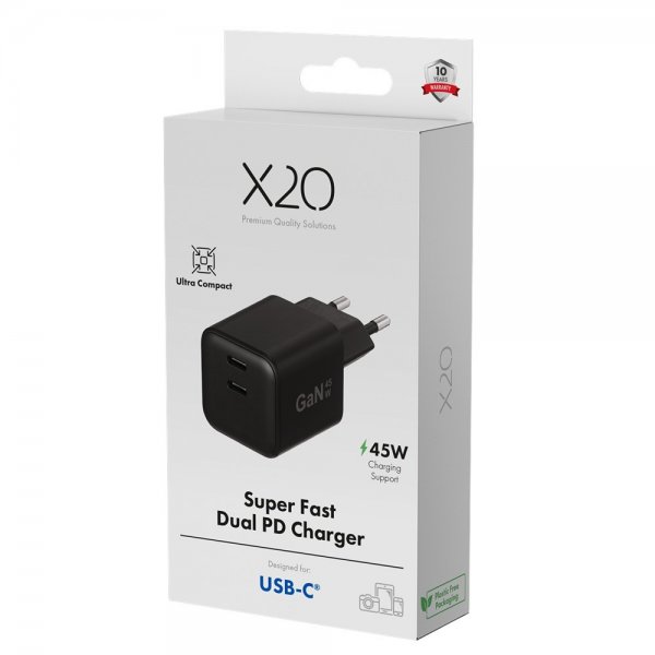 X2O Oplader 45W Dobbelt USB-C/USB-C GaN Sort