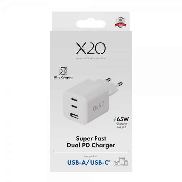 X2O Oplader 65W Triple USB-C/USB-A GaN Hvid