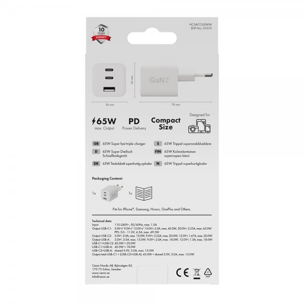 X2O Oplader 65W Triple USB-C/USB-A GaN Hvid