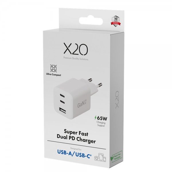 X2O Oplader 65W Triple USB-C/USB-A GaN Hvid