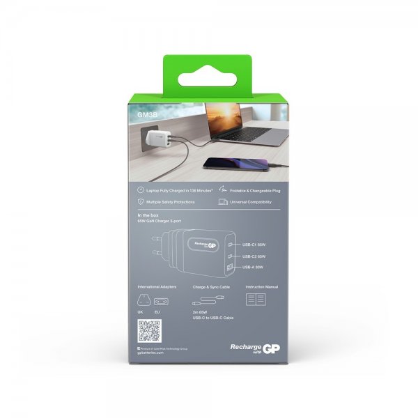 GP-oplader GaN PD 65W 2xUSB-C + 1xUSB-A